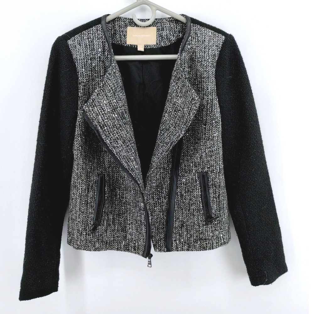 Banana Republic Tweed Moto‎ Jacket Blazer Black Faux Leather Trim Size 4 - Picture 3 of 15